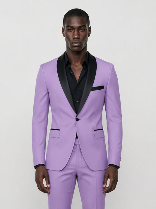 Savile GA0168 Men's Lavender Black Satin Shawl Lapel Tuxedo – Back View with Black Patent Loafers