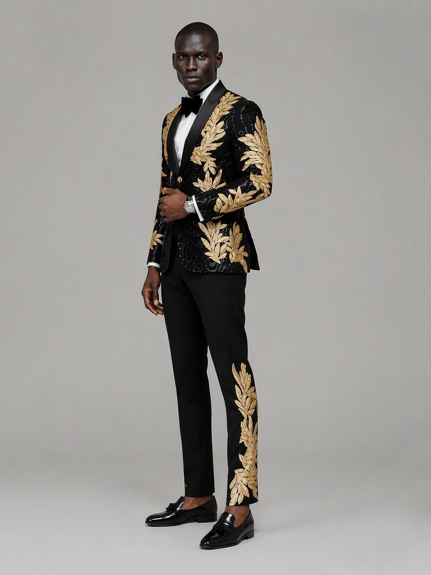Savile GA0169 Men's Black Sequin Gold Oak Leaf Embroidered Tuxedo – Front Full Body View with White Shirt, Black Bow Tie & Black Patent Loafers
