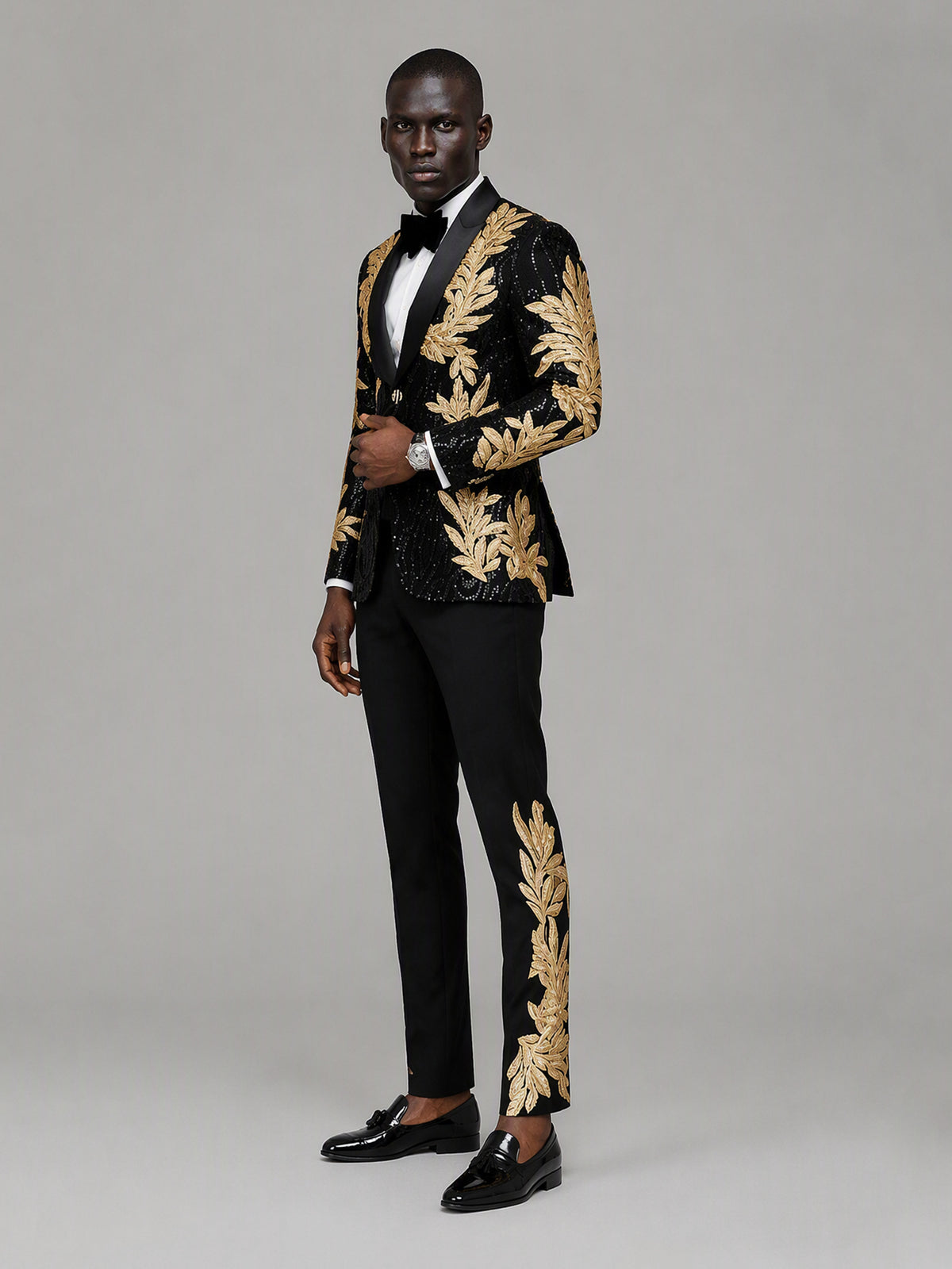 Savile GA0169 Men's Black Sequin Gold Oak Leaf Embroidered Tuxedo – Front Full Body View with White Shirt, Black Bow Tie & Black Patent Loafers