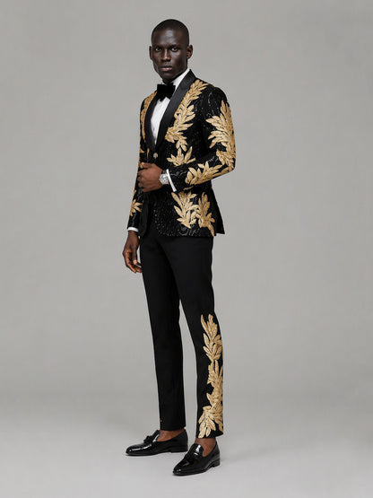 Savile GA0169 Men's Black Sequin Gold Oak Leaf Embroidered Tuxedo – Front Full Body View with White Shirt, Black Bow Tie & Black Patent Loafers
