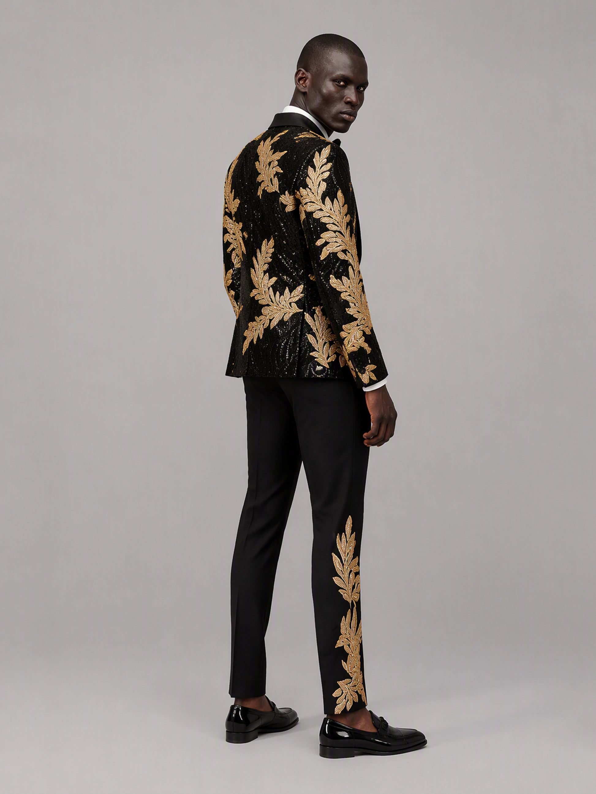 Savile GA0169 Men's Black Sequin Gold Oak Leaf Embroidered Tuxedo – Front Close-Up with Gold Oak Leaf Embroidery & Black Satin Shawl Lapel Detail