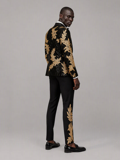 Savile GA0169 Men's Black Sequin Gold Oak Leaf Embroidered Tuxedo – Front Close-Up with Gold Oak Leaf Embroidery & Black Satin Shawl Lapel Detail