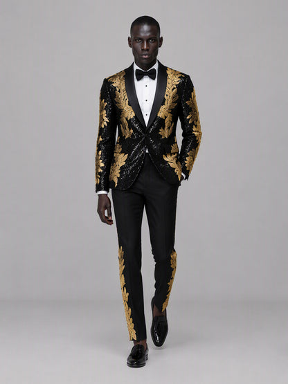Savile GA0169 Men's Black Sequin Gold Oak Leaf Embroidered Tuxedo – 3/4 Angle Front View Showing Embroidered Trousers & Sequin Blazer