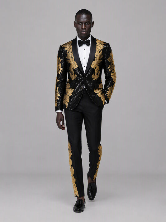 Savile GA0169 Men's Black Sequin Gold Oak Leaf Embroidered Tuxedo – 3/4 Angle Front View Showing Embroidered Trousers & Sequin Blazer