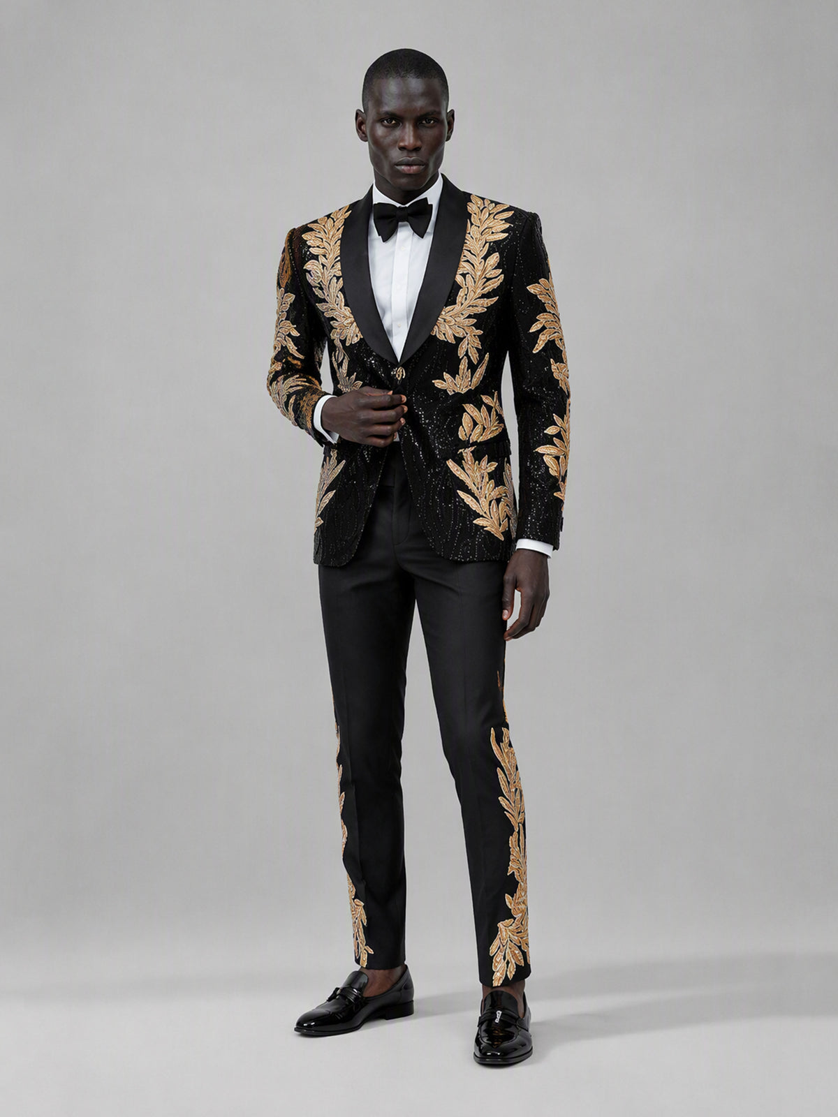 Savile GA0169 Men's Black Sequin Gold Oak Leaf Embroidered Tuxedo – Back 3/4 View Showing Full Gold Embroidery Coverage on Blazer & Trousers
