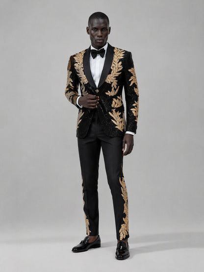 Savile GA0169 Men's Black Sequin Gold Oak Leaf Embroidered Tuxedo – Back 3/4 View Showing Full Gold Embroidery Coverage on Blazer & Trousers