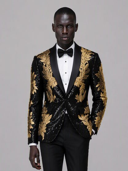 Savile GA0169 Men's Black Sequin Gold Oak Leaf Embroidered Tuxedo – Front Full Body Walking Pose with Black Patent Loafers