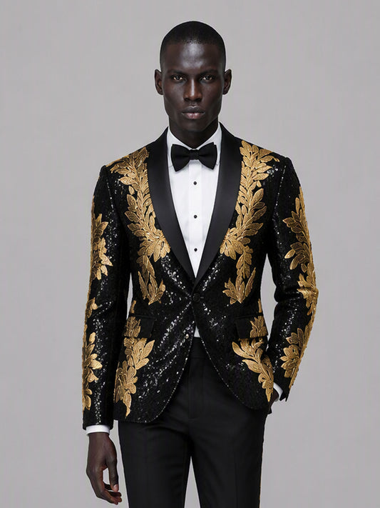 Savile GA0169 Men's Black Sequin Gold Oak Leaf Embroidered Tuxedo – Front Full Body Walking Pose with Black Patent Loafers