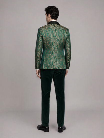 Savile GA0170 Men's Emerald Green Gold Paisley Jacquard Tuxedo – Front Close-Up with Black Satin Shawl Lapel, Vest & Black Tie Detail