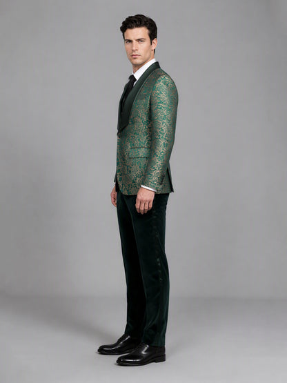 Savile GA0170 Men's Emerald Green Gold Paisley Jacquard Tuxedo – Back View Showing Full Gold Paisley Jacquard Coverage & Velvet Trousers