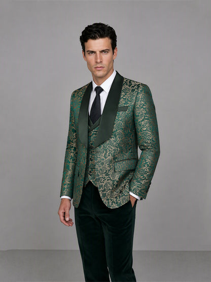 Savile GA0170 Men's Emerald Green Gold Paisley Jacquard Tuxedo – Side Profile View with Black Oxford Shoes