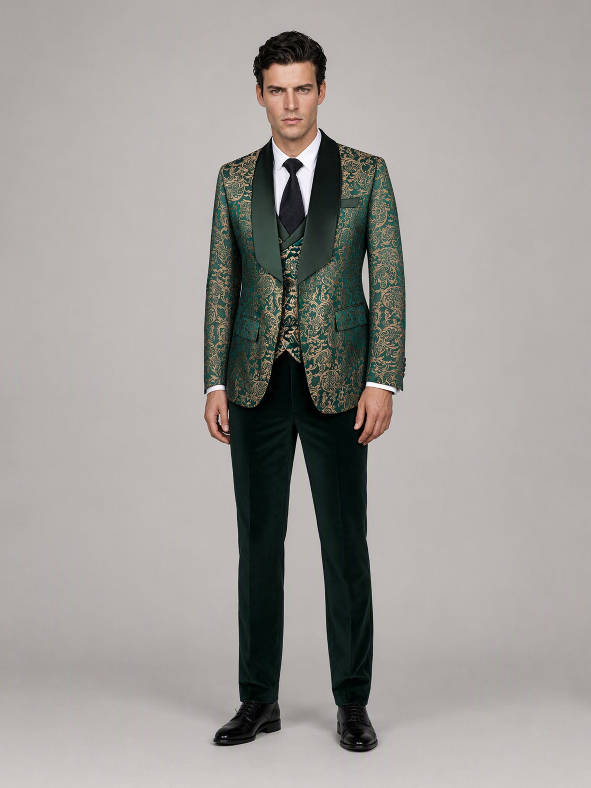 Savile GA0170 Men's Emerald Green Gold Paisley Jacquard Tuxedo – Front Full Body View with Black Tie & Black Oxford Shoes