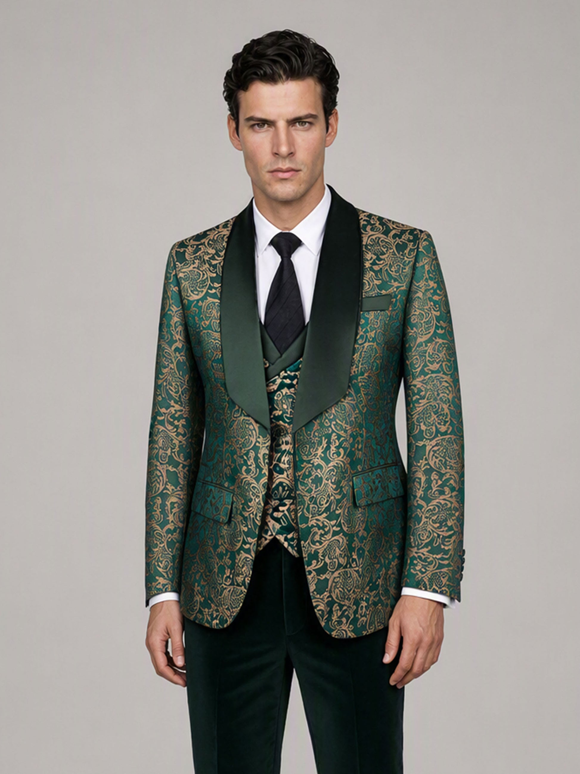 Savile GA0170 Men's Emerald Green Gold Paisley Jacquard Tuxedo – Front Full Body View Hand in Pocket with Black Tie & Black Oxford Shoes