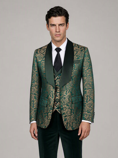 Savile GA0170 Men's Emerald Green Gold Paisley Jacquard Tuxedo – Front Full Body View Hand in Pocket with Black Tie & Black Oxford Shoes
