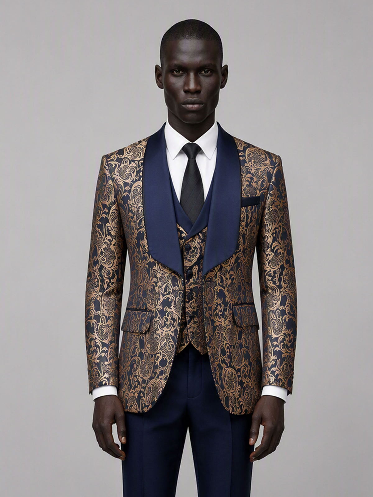 Savile GA0170 Men's Navy Blue Gold Paisley Jacquard Tuxedo – Front Full Body View with Navy Shawl Lapel, Vest, Black Tie & Black Oxford Shoes