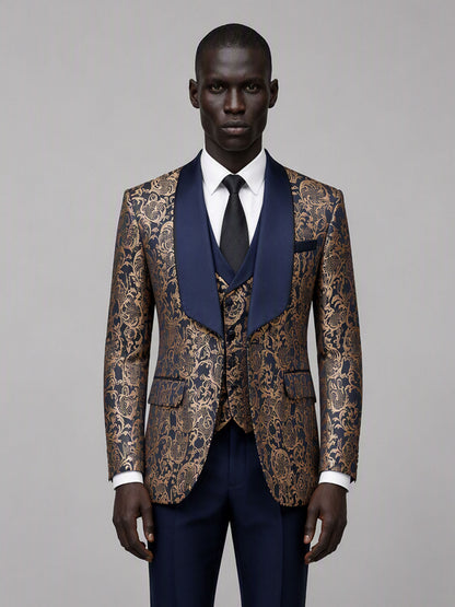 Savile GA0170 Men's Navy Blue Gold Paisley Jacquard Tuxedo – Front Full Body View with Navy Shawl Lapel, Vest, Black Tie & Black Oxford Shoes