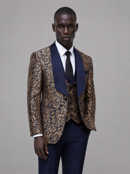 Savile GA0170 Men's Navy Blue Gold Paisley Jacquard Tuxedo – Front Close-Up with Navy Satin Shawl Lapel, Double-Breasted Vest & Black Tie Detail