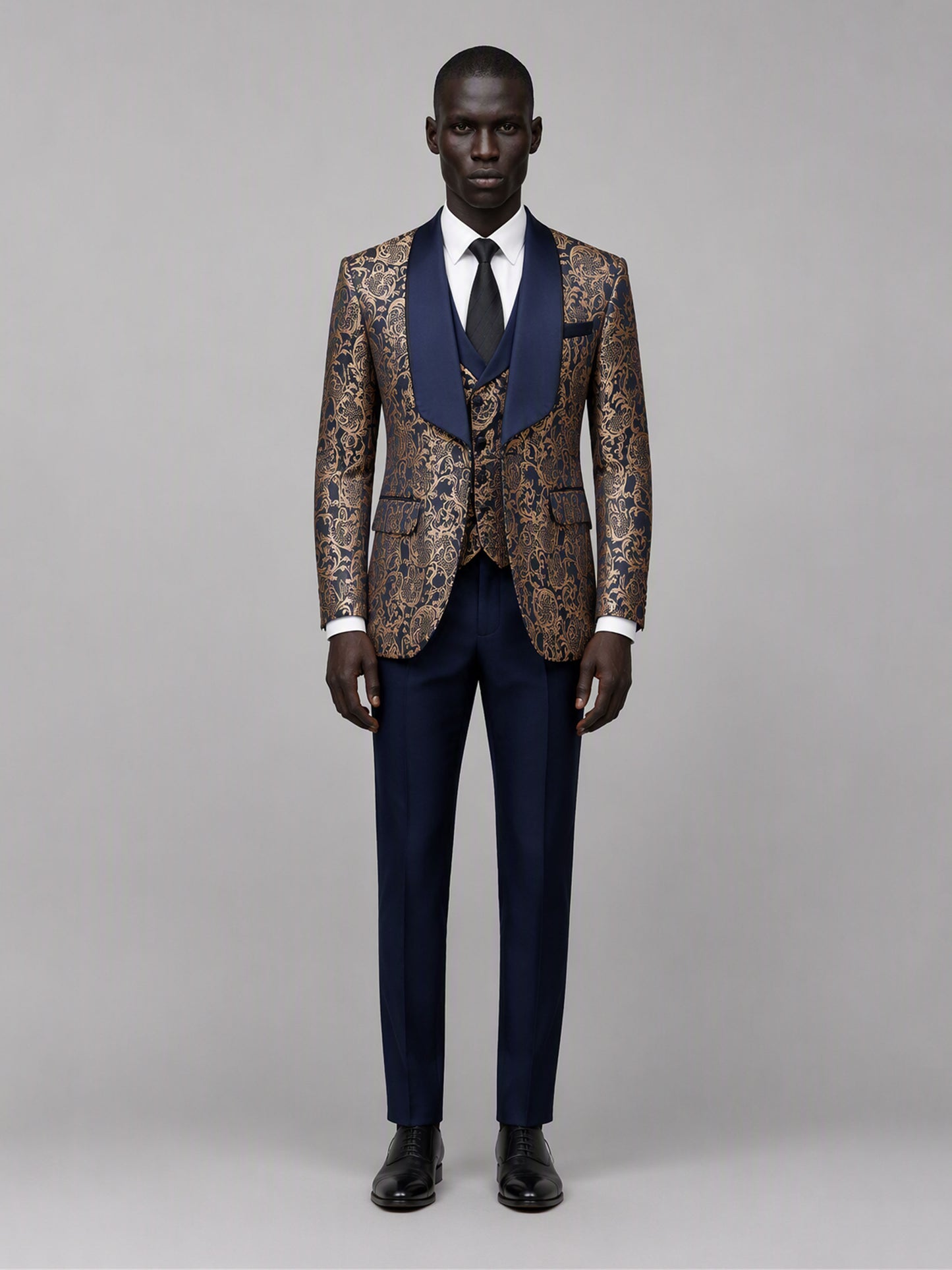 Savile GA0170 Men's Navy Blue Gold Paisley Jacquard Tuxedo – Side Profile View with Black Oxford Shoes