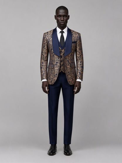 Savile GA0170 Men's Navy Blue Gold Paisley Jacquard Tuxedo – Side Profile View with Black Oxford Shoes