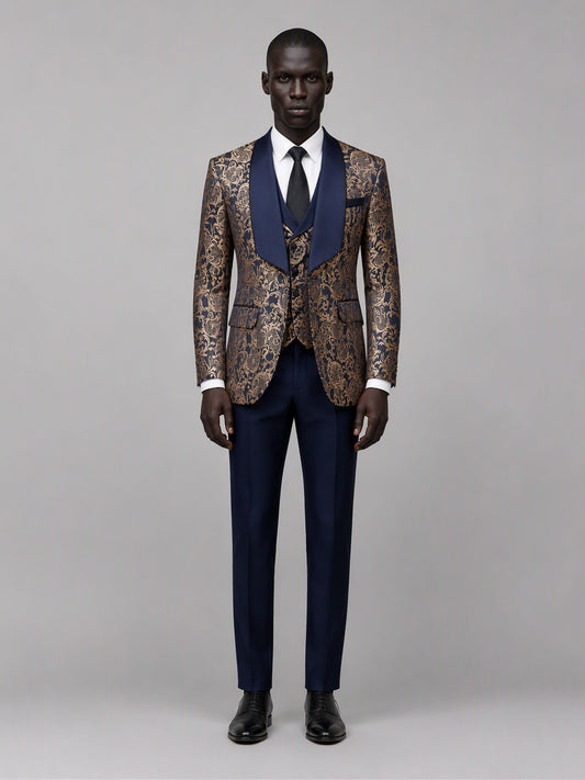 Savile GA0170 Men's Navy Blue Gold Paisley Jacquard Tuxedo – Side Profile View with Black Oxford Shoes