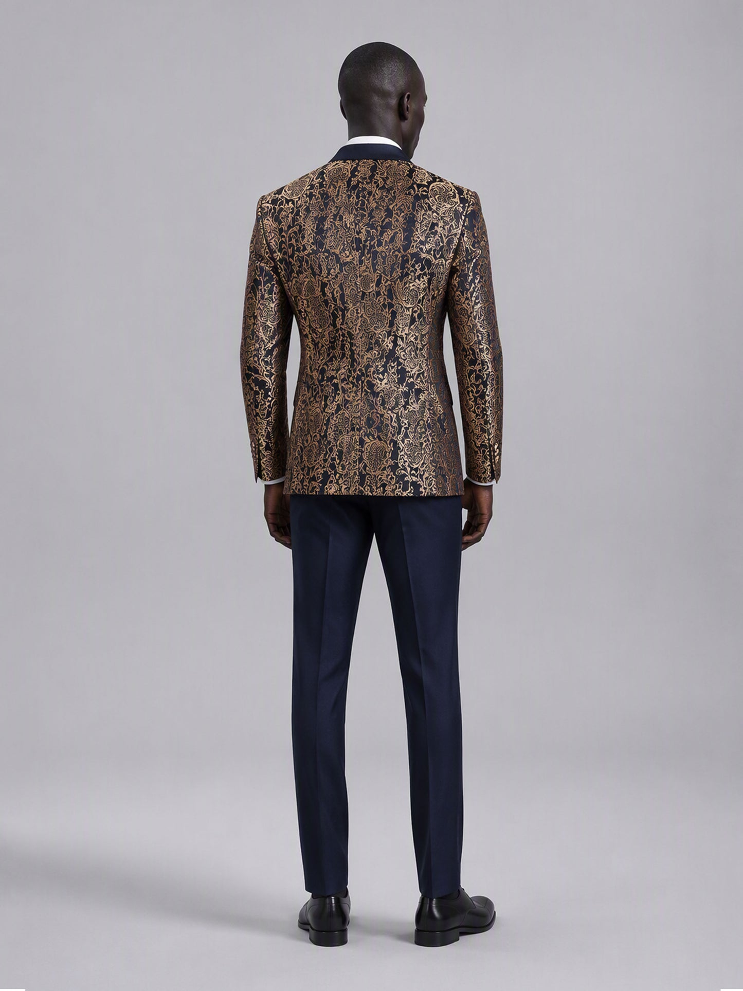 Savile GA0170 Men's Navy Blue Gold Paisley Jacquard Tuxedo – Front Full Body View Showing Full Paisley Jacquard Blazer & Navy Trousers