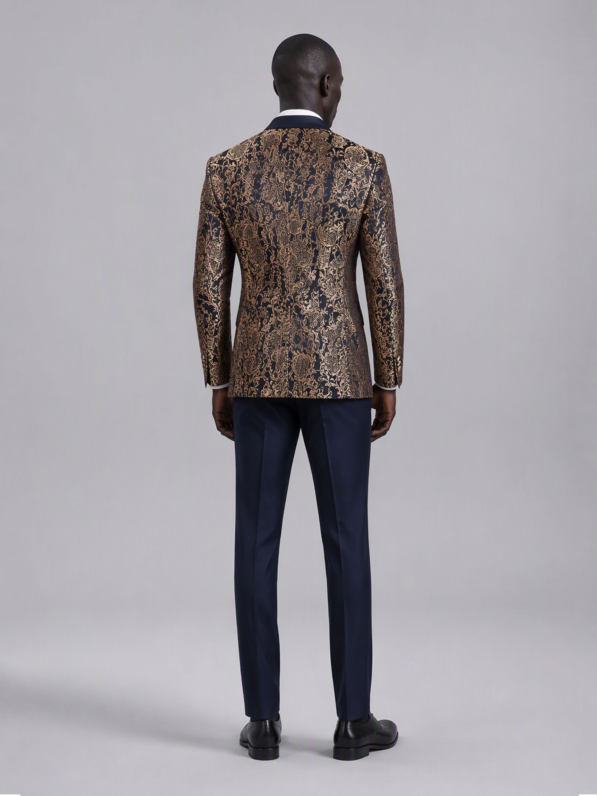 Savile GA0170 Men's Navy Blue Gold Paisley Jacquard Tuxedo – Front Full Body View Showing Full Paisley Jacquard Blazer & Navy Trousers