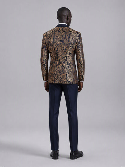 Savile GA0170 Men's Navy Blue Gold Paisley Jacquard Tuxedo – Front Full Body View Showing Full Paisley Jacquard Blazer & Navy Trousers