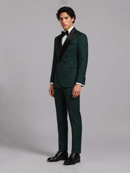 Savile GA0171 Men's Emerald Green Double-Breasted Black Satin Peak Lapel Tuxedo – Side Profile View with Black Oxford Shoes