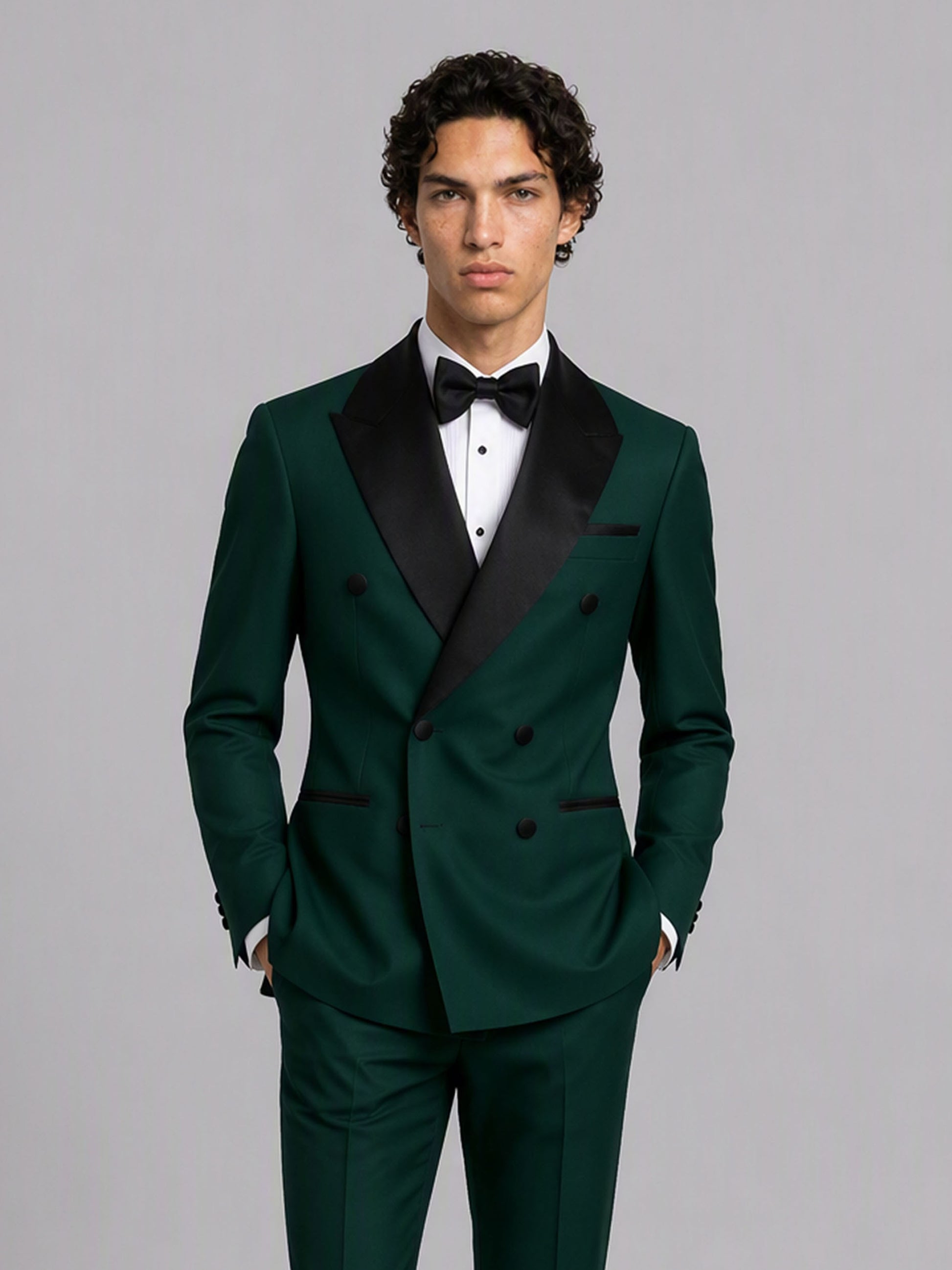 Savile GA0171 Men's Emerald Green Double-Breasted Black Satin Peak Lapel Tuxedo – Back View with Black Oxford Shoes