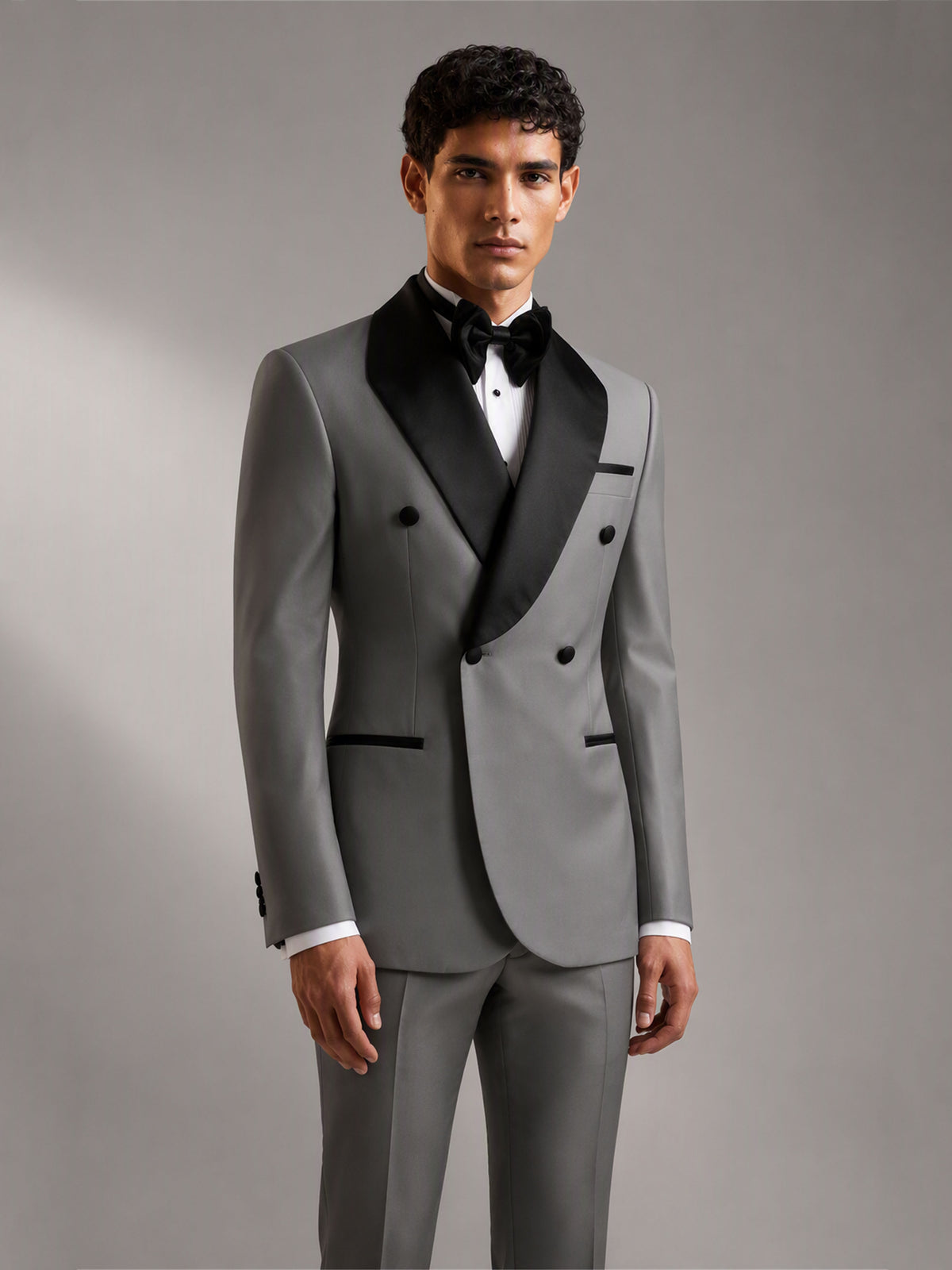 Savile GA0171 Men's Grey Double-Breasted Black Satin Peak Lapel Tuxedo – Side Profile View with Black Oxford Shoes