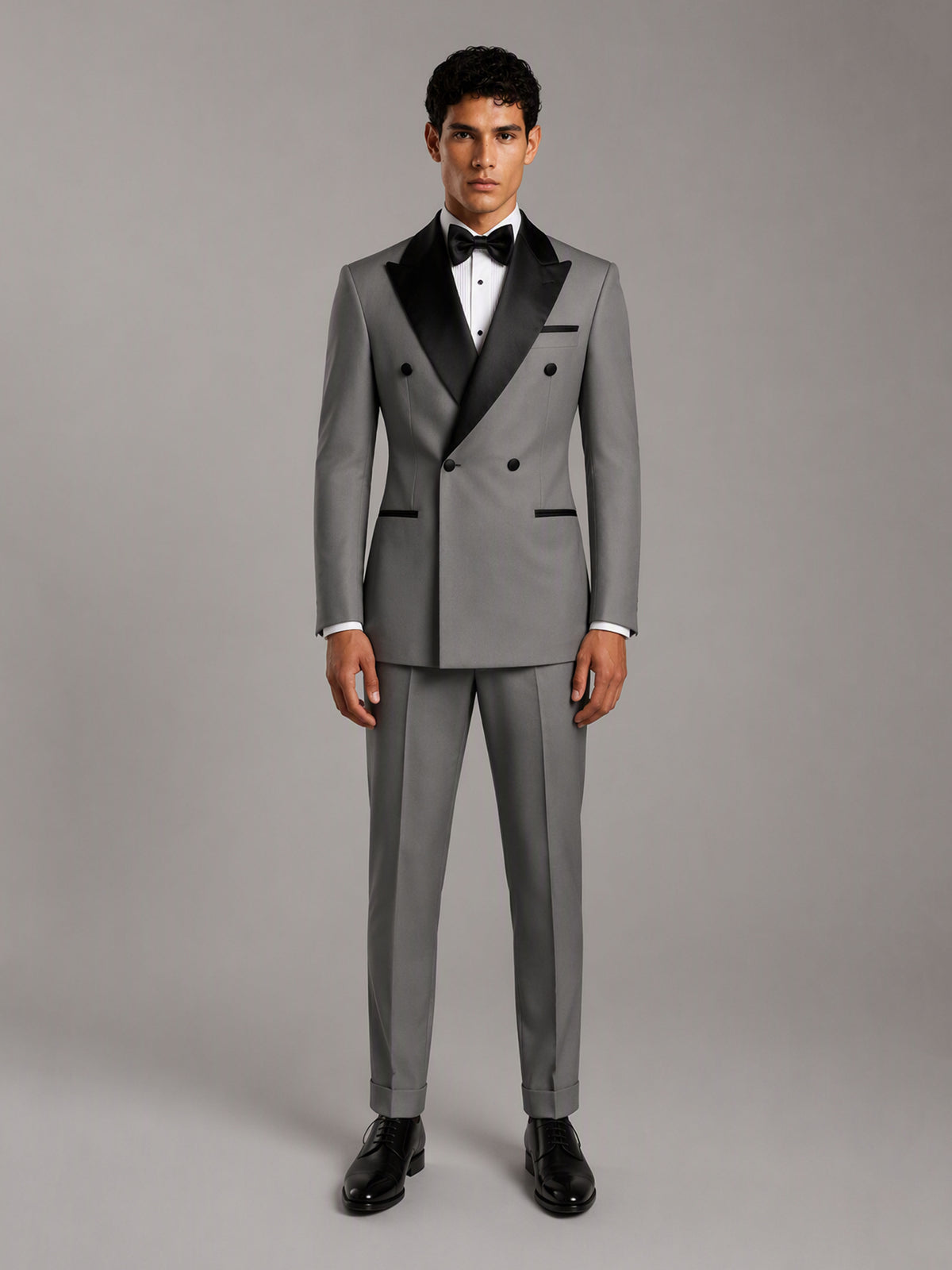 Savile GA0171 Men's Grey Double-Breasted Black Satin Peak Lapel Tuxedo – Front Full Body View with Black Bow Tie & Black Oxford Shoes