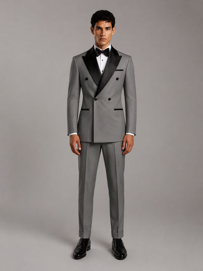 Savile GA0171 Men's Grey Double-Breasted Black Satin Peak Lapel Tuxedo – Front Full Body View with Black Bow Tie & Black Oxford Shoes