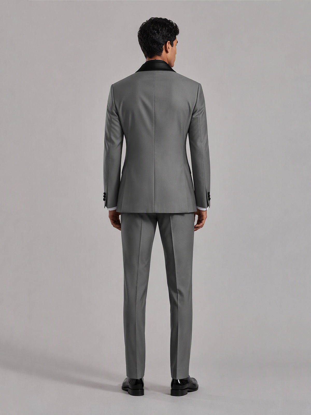 Savile GA0171 Men's Grey Double-Breasted Black Satin Peak Lapel Tuxedo – Front Full Body View Showing Black Satin Side Stripe Trousers