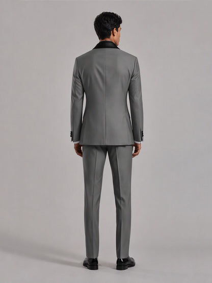 Savile GA0171 Men's Grey Double-Breasted Black Satin Peak Lapel Tuxedo – Front Full Body View Showing Black Satin Side Stripe Trousers