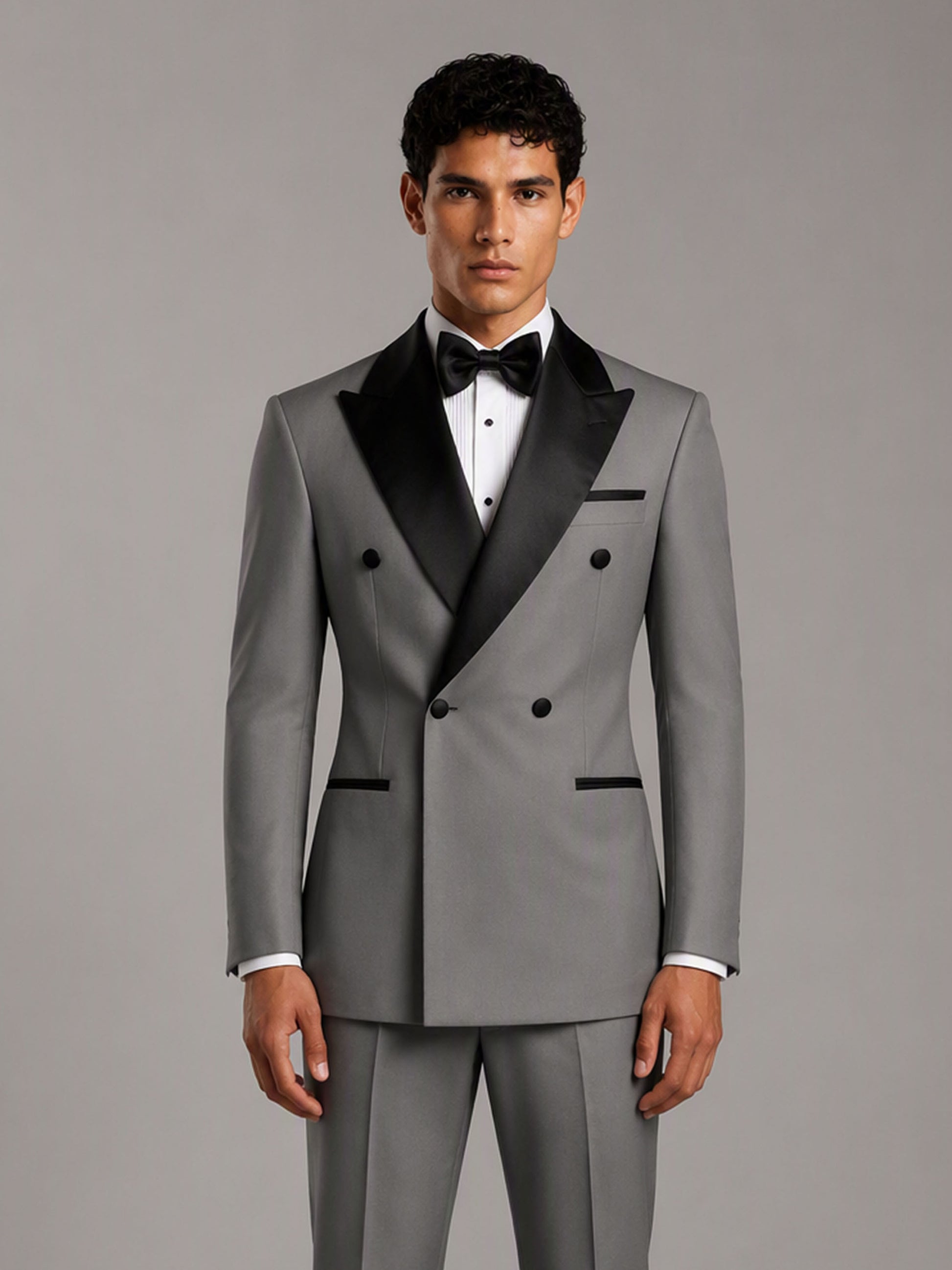 Savile GA0171 Men's Grey Double-Breasted Black Satin Peak Lapel Tuxedo – Back View with Black Oxford Shoes
