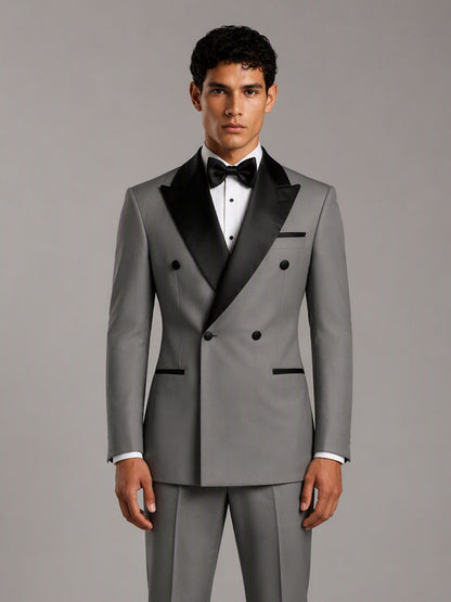Savile GA0171 Men's Grey Double-Breasted Black Satin Peak Lapel Tuxedo – Back View with Black Oxford Shoes