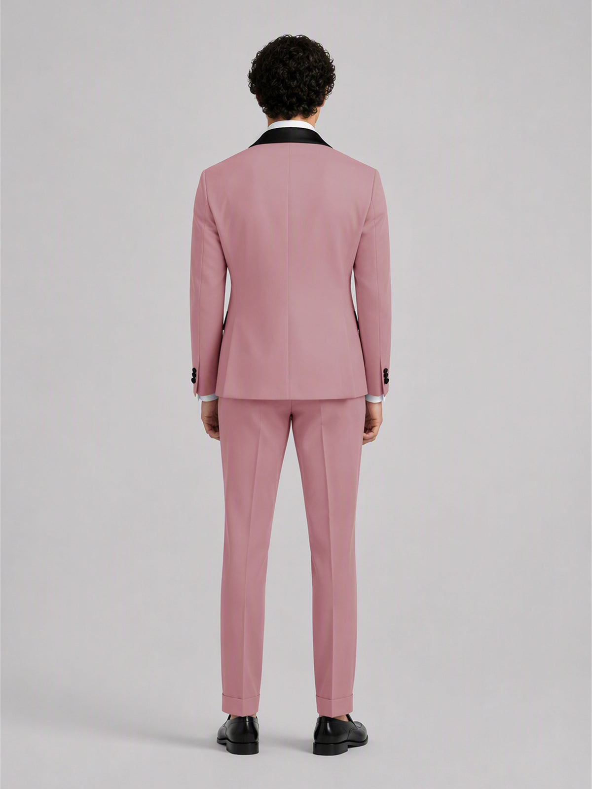 Savile GA0171 Men's Pink Double-Breasted Black Satin Shawl Lapel Tuxedo – Front Close-Up with Black Bow Tie & Shawl Lapel Detail