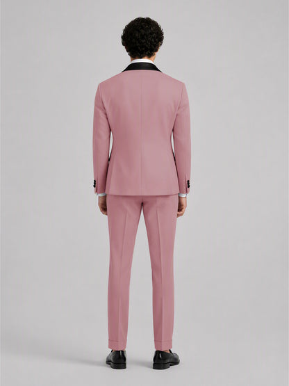 Savile GA0171 Men's Pink Double-Breasted Black Satin Shawl Lapel Tuxedo – Front Close-Up with Black Bow Tie & Shawl Lapel Detail