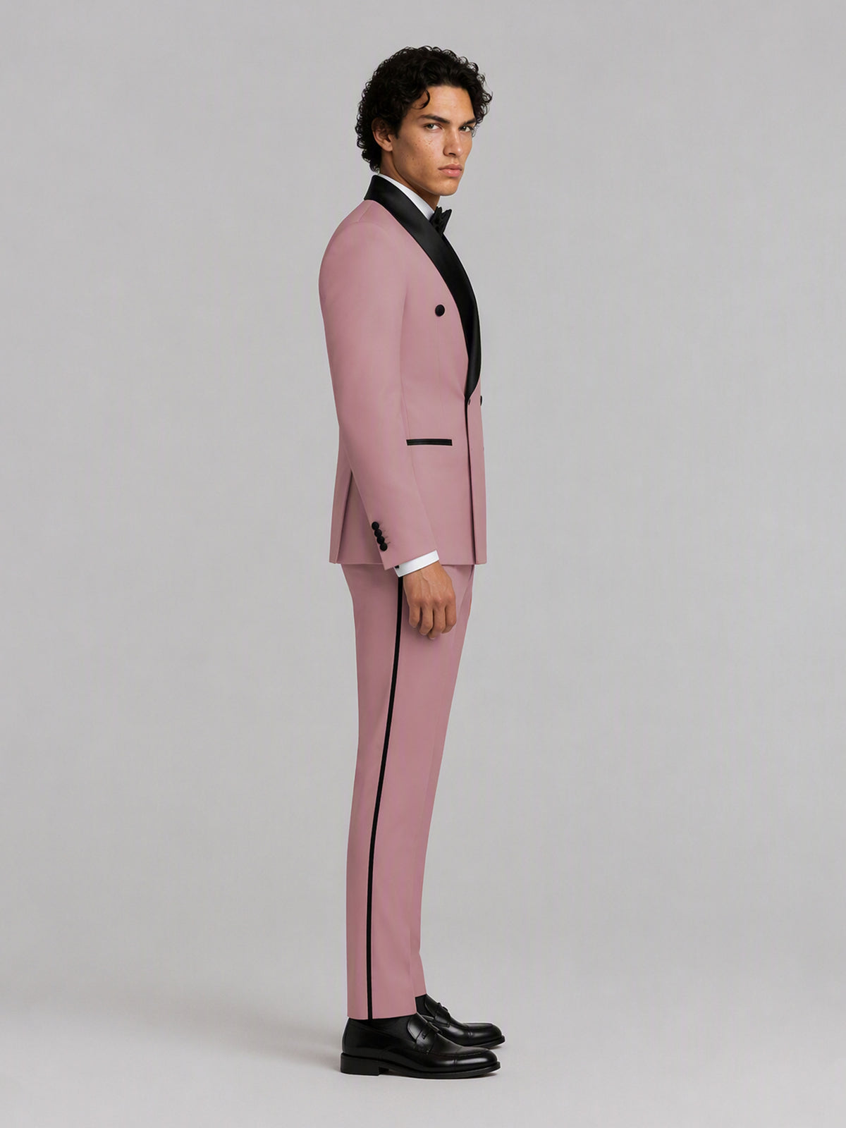 Savile GA0171 Men's Pink Double-Breasted Black Satin Shawl Lapel Tuxedo – Front Full Body View with Black Bow Tie & Black Oxford Shoes