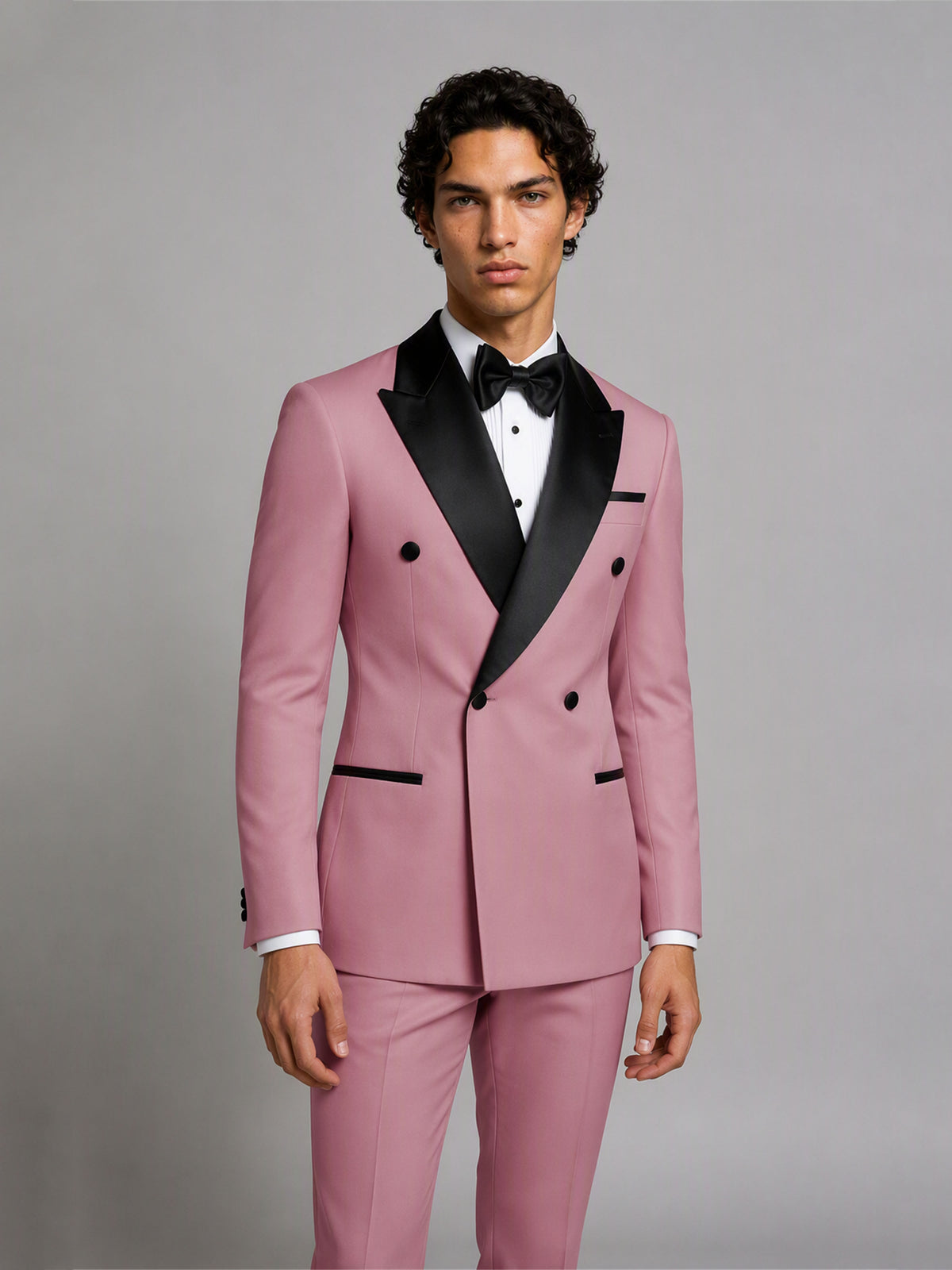 Savile GA0171 Men's Pink Double-Breasted Black Satin Shawl Lapel Tuxedo – Side Profile View Showing Black Satin Side Stripe Trousers