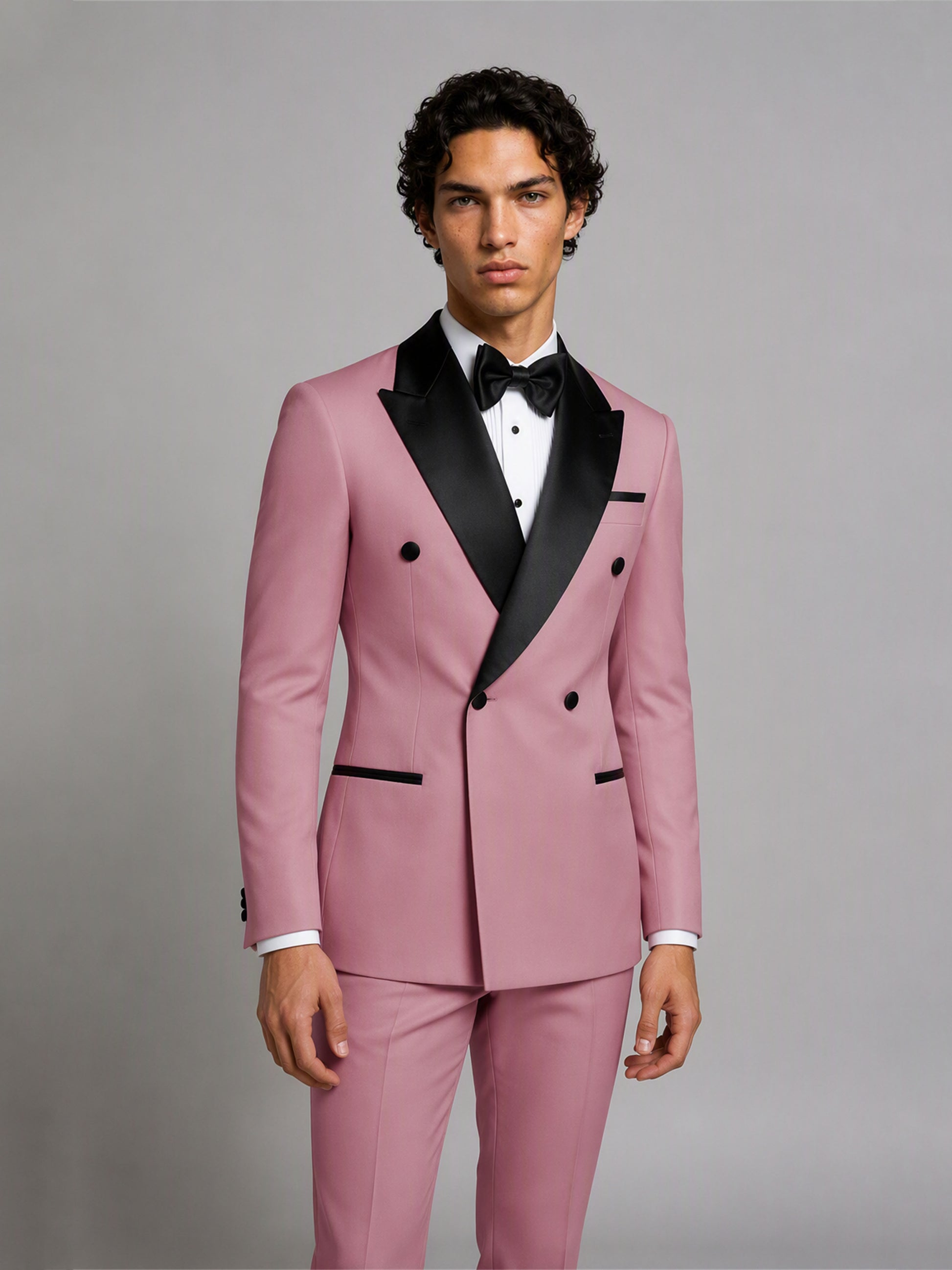 Savile GA0171 Men's Pink Double-Breasted Black Satin Shawl Lapel Tuxedo – Side Profile View Showing Black Satin Side Stripe Trousers