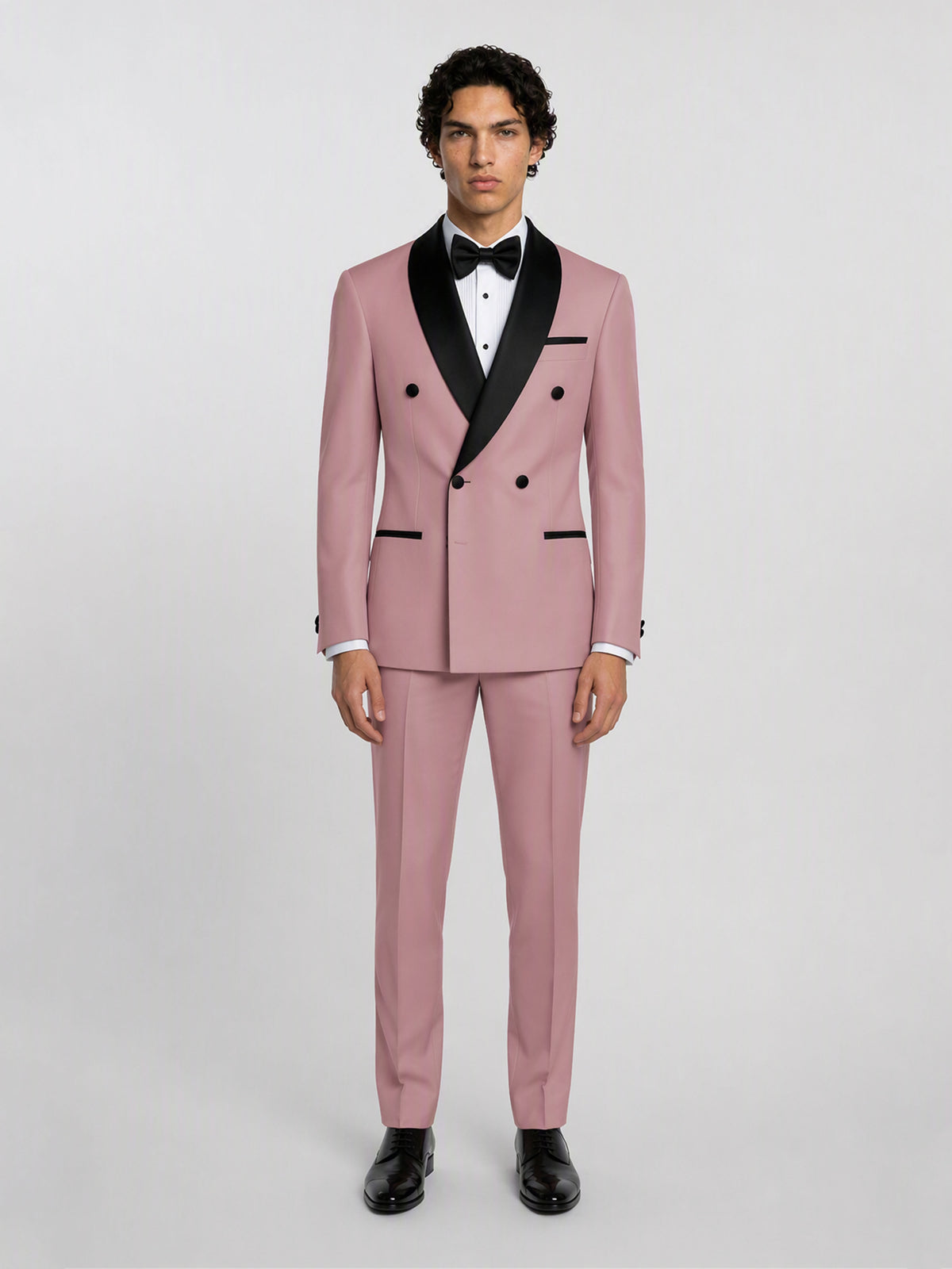 Savile GA0171 Men's Pink Double-Breasted Black Satin Shawl Lapel Tuxedo – Front Full Body View Hands at Sides with Black Oxford Shoes