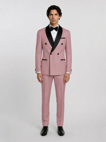 Savile GA0171 Men's Pink Double-Breasted Black Satin Shawl Lapel Tuxedo – Front Full Body View Hands at Sides with Black Oxford Shoes