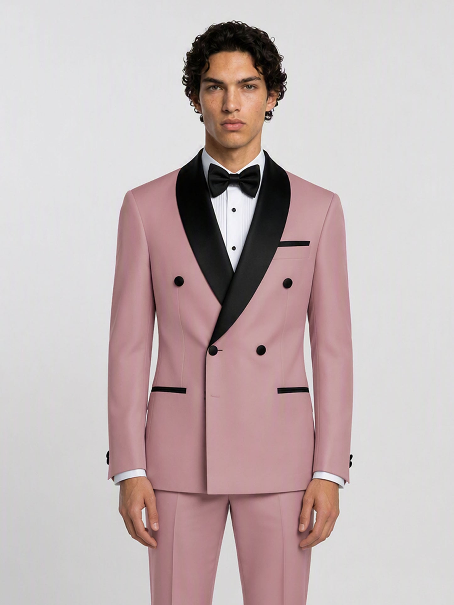Savile GA0171 Men's Pink Double-Breasted Black Satin Shawl Lapel Tuxedo – Back View with Black Oxford Shoes