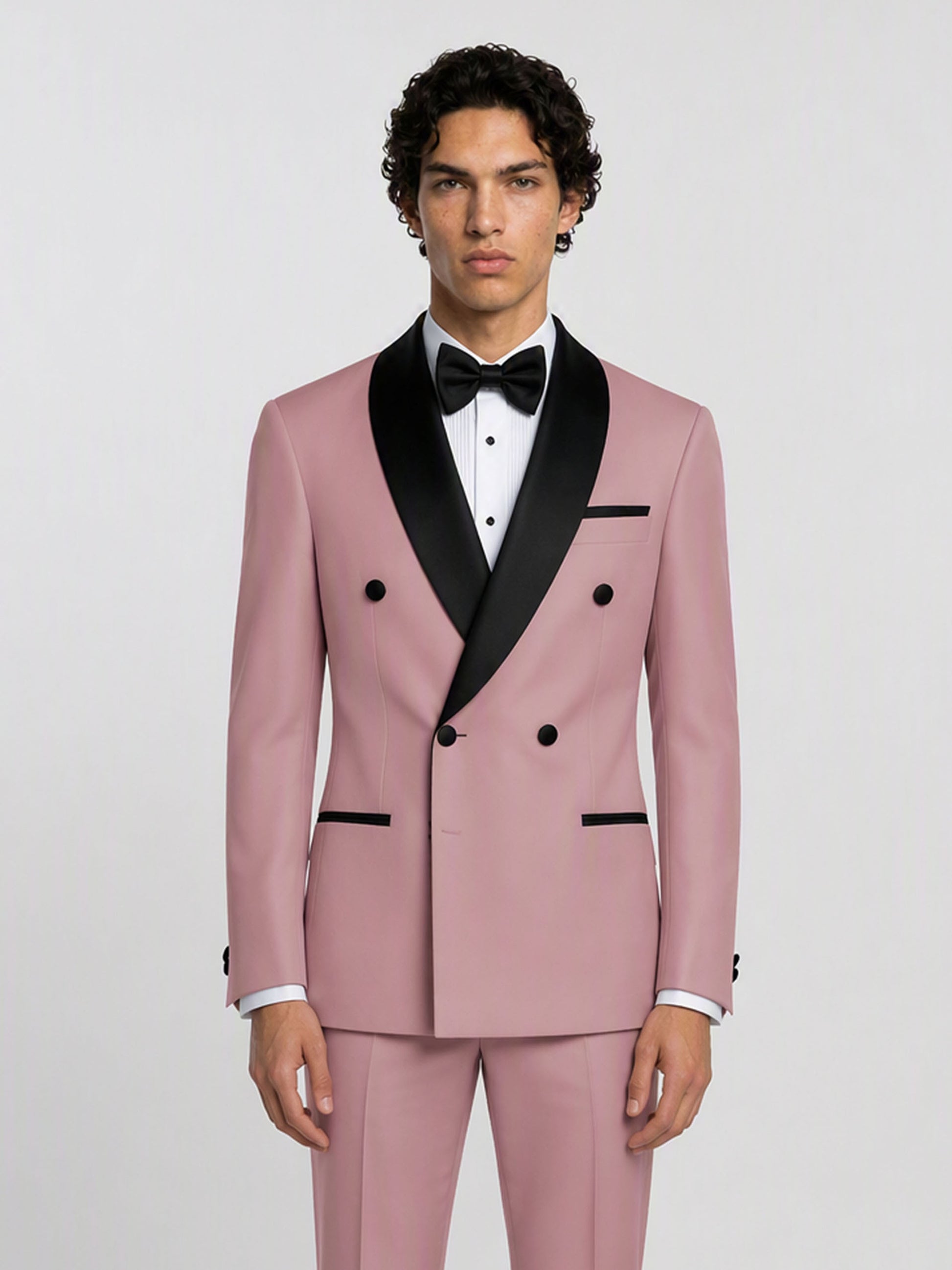 Savile GA0171 Men's Pink Double-Breasted Black Satin Shawl Lapel Tuxedo – Back View with Black Oxford Shoes