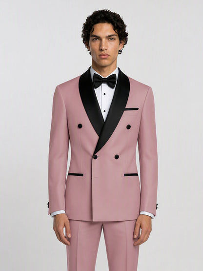 Savile GA0171 Men's Pink Double-Breasted Black Satin Shawl Lapel Tuxedo – Back View with Black Oxford Shoes