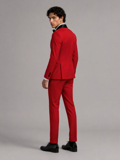 Savile GA0171 Men's Red Double-Breasted Black Satin Peak Lapel Tuxedo – Front Full Body View with Black Bow Tie & Black Oxford Shoes