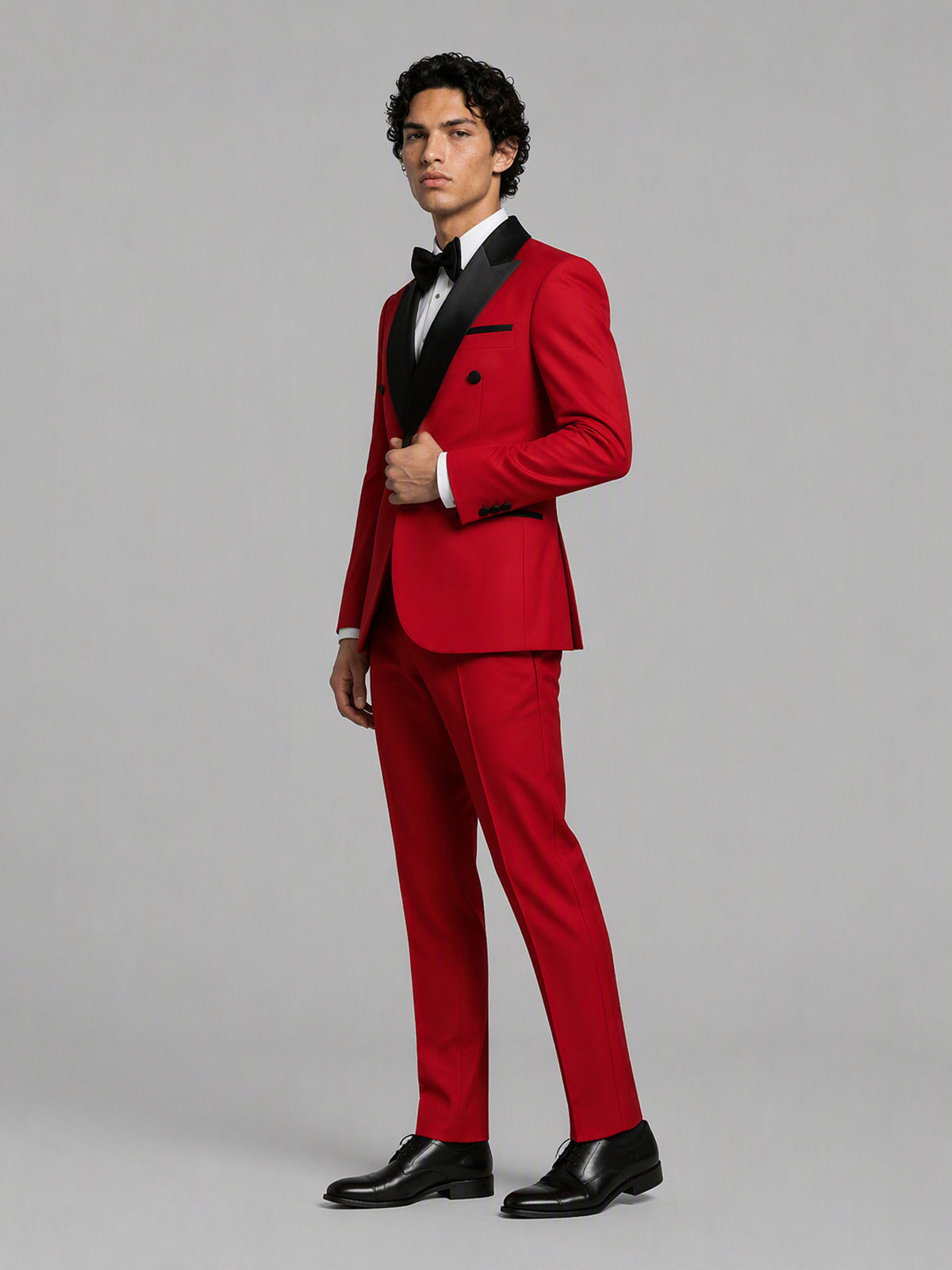 Savile GA0171 Men's Red Double-Breasted Black Satin Peak Lapel Tuxedo – Back 3/4 View with Black Oxford Shoes