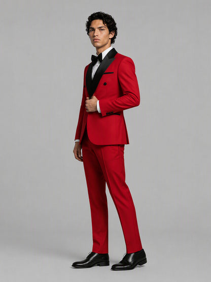 Savile GA0171 Men's Red Double-Breasted Black Satin Peak Lapel Tuxedo – Back 3/4 View with Black Oxford Shoes