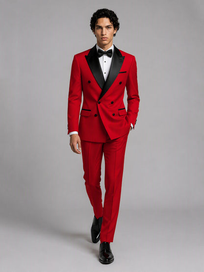 Savile GA0171 Men's Red Double-Breasted Black Satin Peak Lapel Tuxedo – Side Profile View with Black Oxford Shoes